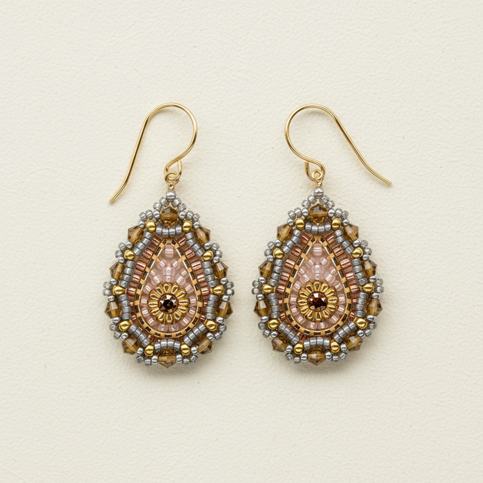 Gold hook teardrop earrings with blush, gold, and crystal beaded fringe