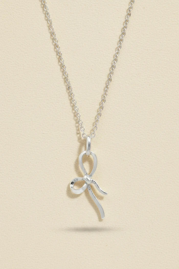 Silver bow tie ribbon necklace with chain and small bow pendant
