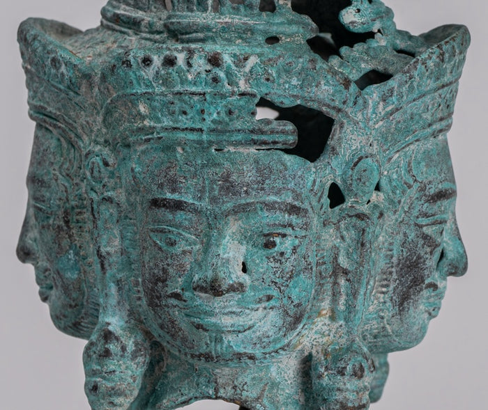 Brahma Statue - Antique Khmer Style Mounted Bronze Brahma Head - Hindu God Creation - 18cm/7"