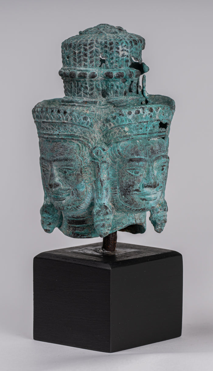 Brahma Statue - Antique Khmer Style Mounted Bronze Brahma Head - Hindu God Creation - 18cm/7"