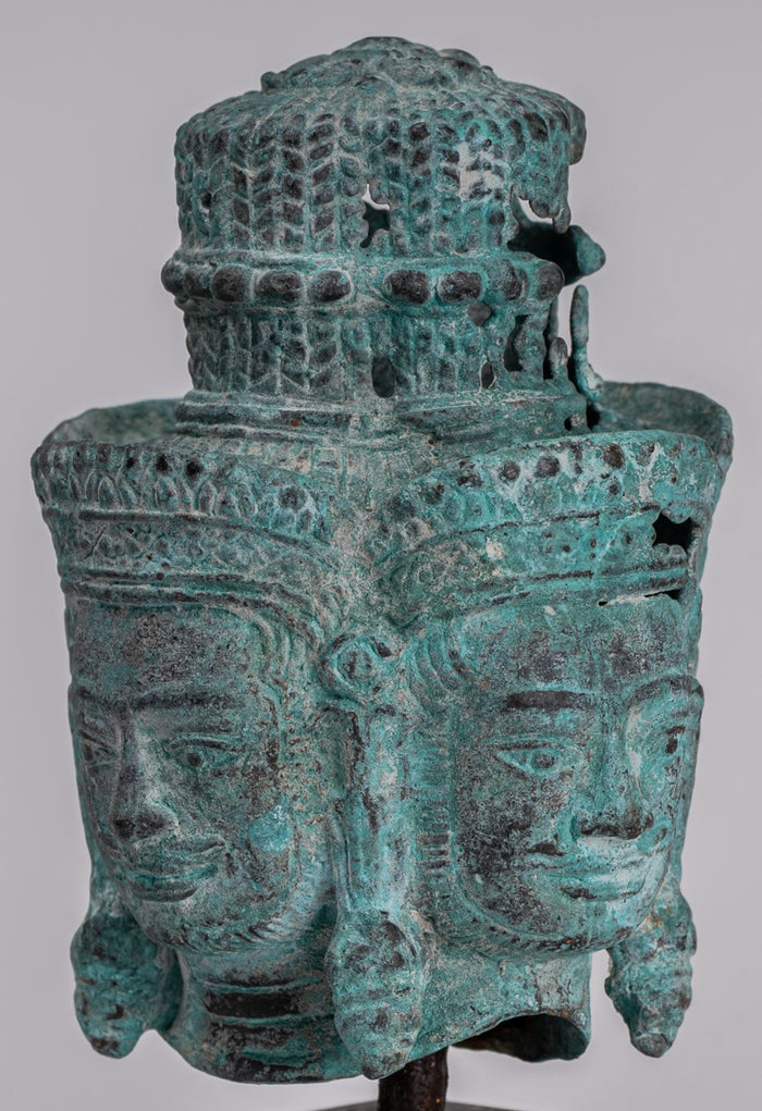 Brahma Statue - Antique Khmer Style Mounted Bronze Brahma Head - Hindu God Creation - 18cm/7"