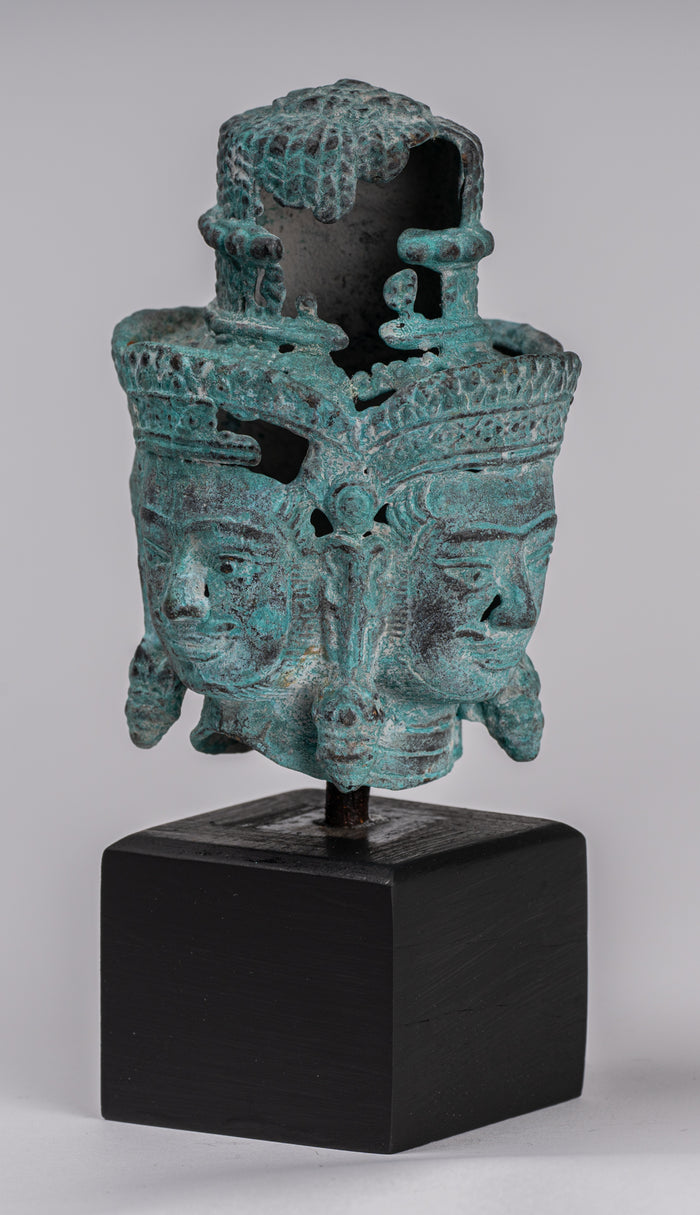 Brahma Statue - Antique Khmer Style Mounted Bronze Brahma Head - Hindu God Creation - 18cm/7"
