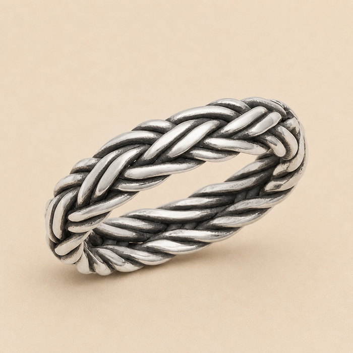 Braided band ring in silver-tone metal with twisted rope braid detail