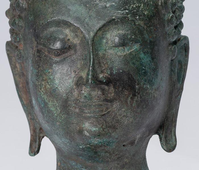 Buddha Head - Antique Thai Style Chiang Saen Mounted Bronze Buddha Head - 18cm/7"