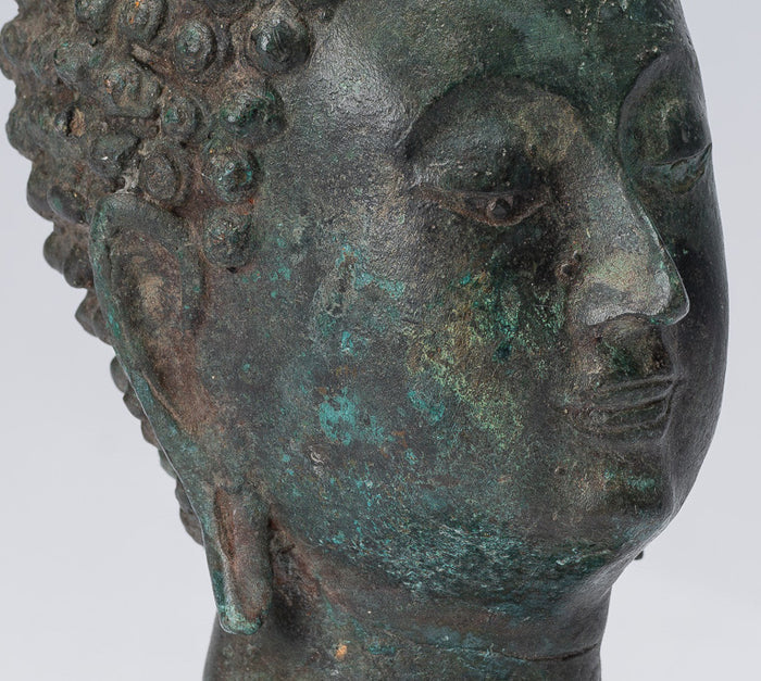 Buddha Head - Antique Thai Style Chiang Saen Mounted Bronze Buddha Head - 18cm/7"