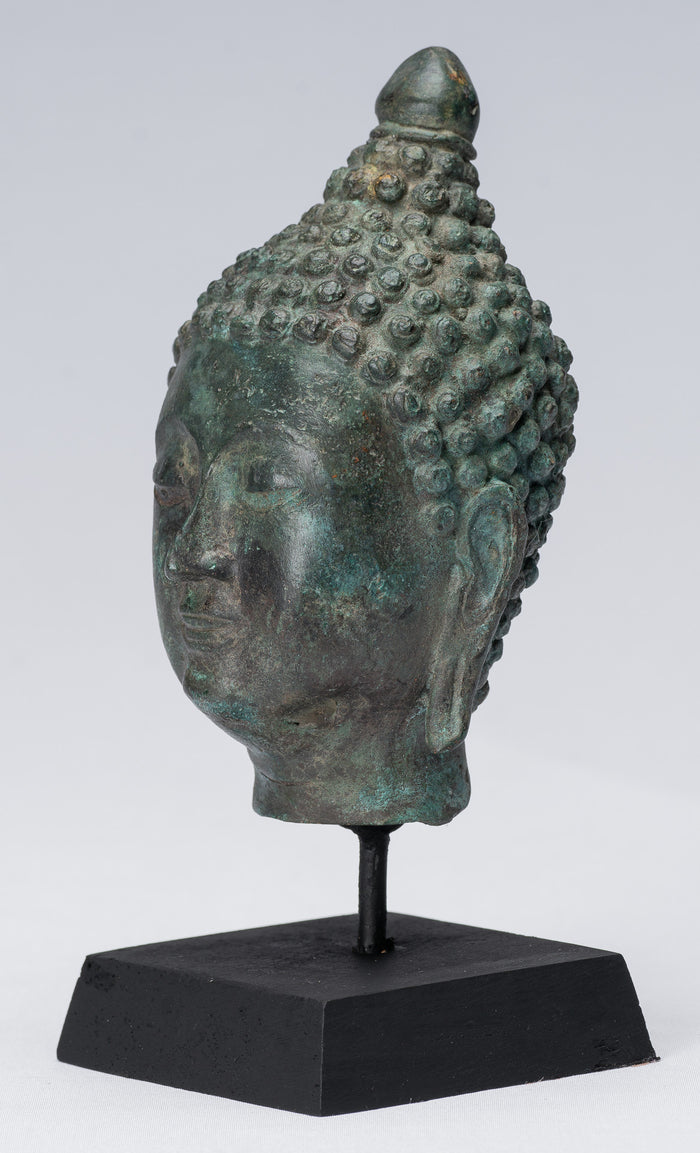 Buddha Head - Antique Thai Style Chiang Saen Mounted Bronze Buddha Head - 18cm/7"
