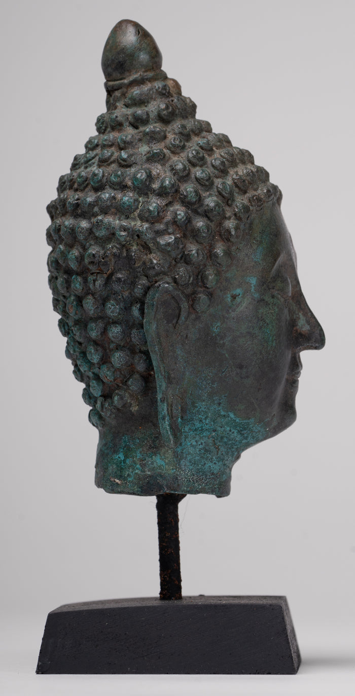 Buddha Head - Antique Thai Style Chiang Saen Mounted Bronze Buddha Head - 19cm/8"