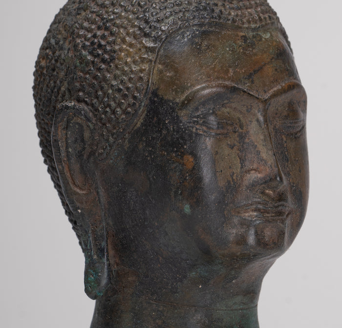 Buddha Head - Antique Thai Style Sukhothai Mounted Bronze Buddha Head - 22.5cm/9"