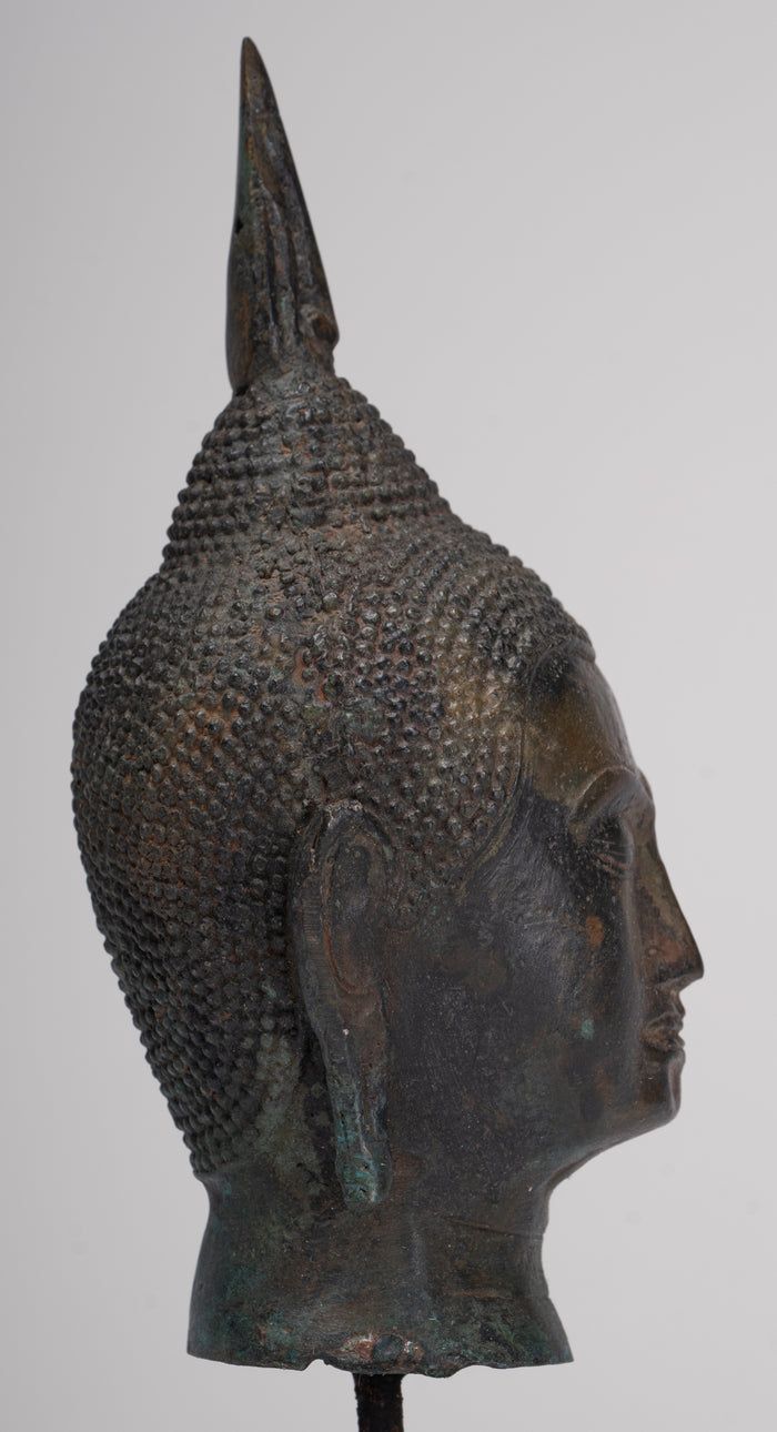 Buddha Head - Antique Thai Style Sukhothai Mounted Bronze Buddha Head - 22.5cm/9"