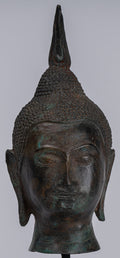 Buddha Head - Antique Thai Style Sukhothai Mounted Bronze Buddha Head - 22cm/9"