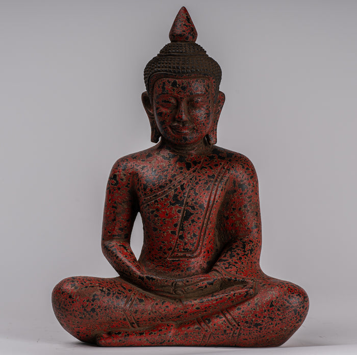 Buddha Sculpture - Antique Khmer Style Wood Seated Buddha Statue Dhyana Meditation Mudra - 26cm/10"