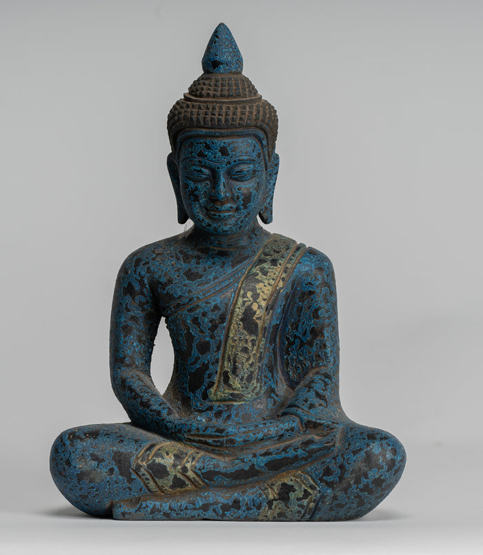 Buddha Sculpture - Antique Khmer Style Wood Seated Buddha Statue Dhyana Meditation Mudra - 22cm/9"