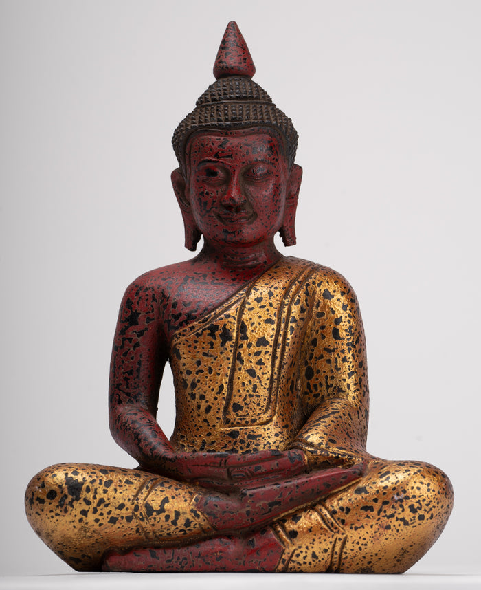 Buddha Sculpture - Antique Khmer Style Wood Seated Buddha Statue Dhyana Meditation Mudra - 27cm/11"