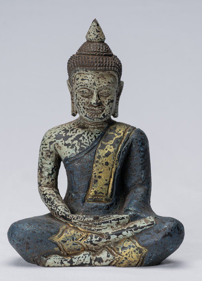 Buddha Sculpture - Antique Khmer Style Wood Seated Buddha Statue Dhyana Meditation Mudra - 21cm/8"