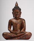 Buddha Sculpture - Antique Khmer Style Wood Seated Buddha Statue Dhyana Meditation Mudra - 28cm/11"