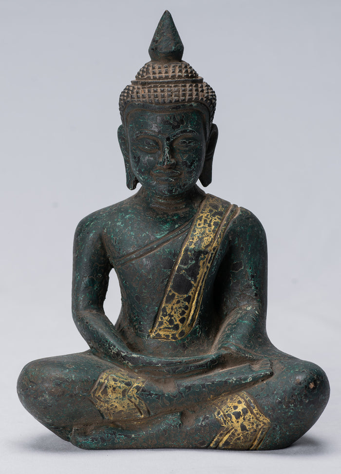 Buddha Sculpture - Antique Khmer Style Wood Seated Buddha Statue Dhyana Meditation Mudra - 21cm/8"