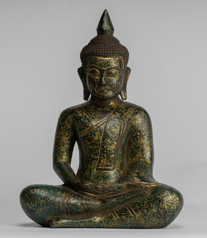 Buddha Sculpture - Antique Khmer Style Wood Seated Buddha Statue Dhyana Meditation Mudra - 28cm/11"