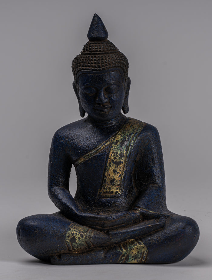 Buddha Sculpture - Antique Khmer Style Wood Seated Buddha Statue Dhyana Meditation Mudra - 21cm/8"