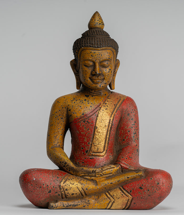 Buddha Sculpture - Antique Khmer Style Wood Seated Buddha Statue Dhyana Meditation Mudra - 27cm/11"