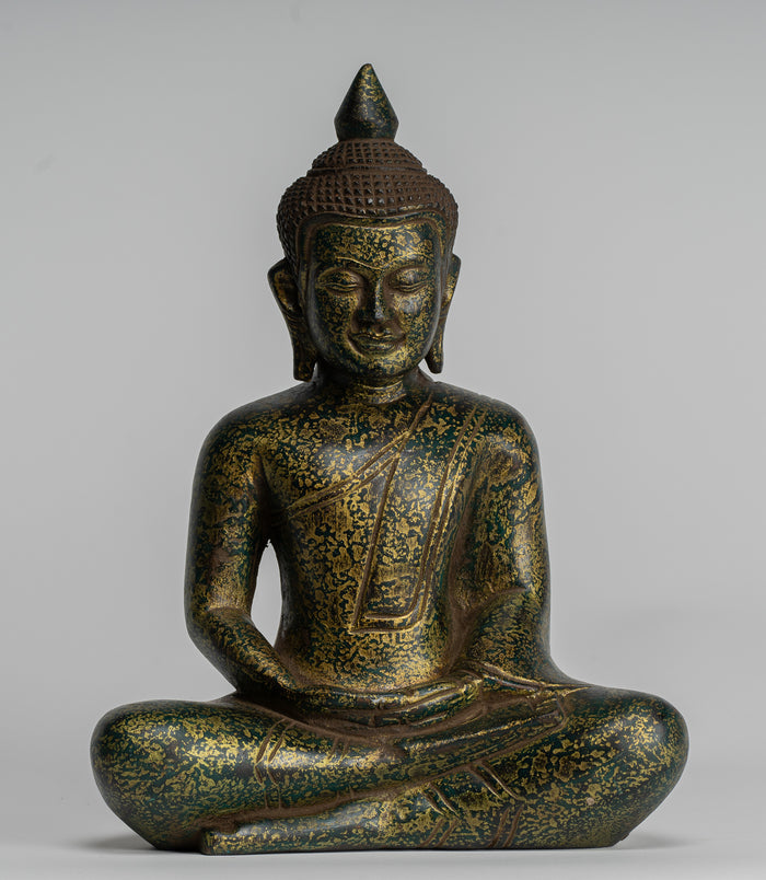 Buddha Sculpture - Antique Khmer Style Wood Seated Buddha Statue Dhyana Meditation Mudra - 28cm/11"