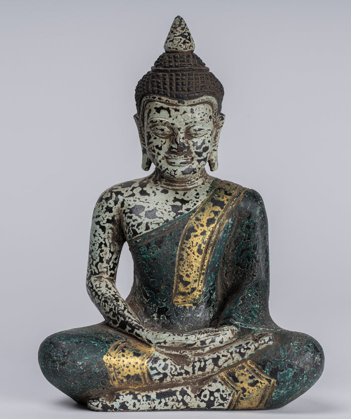 Buddha Sculpture - Antique Khmer Style Wood Seated Buddha Statue Dhyana Meditation Mudra - 21cm/8"