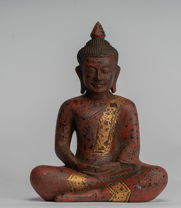 Buddha Sculpture - Antique Khmer Style Wood Seated Buddha Statue Dhyana Meditation Mudra - 28cm/11"