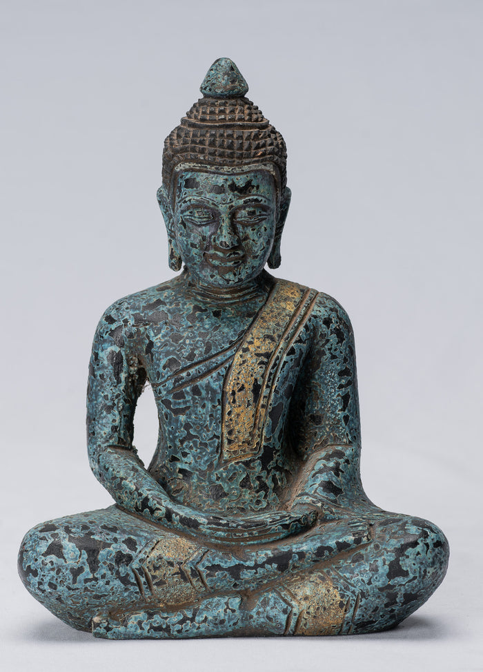 Buddha Sculpture - Antique Khmer Style Wood Seated Buddha Statue Dhyana Meditation Mudra - 21cm/8"