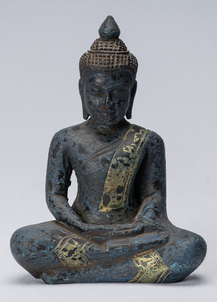 Buddha Sculpture - Antique Khmer Style Wood Seated Buddha Statue Dhyana Meditation Mudra - 21cm/8"