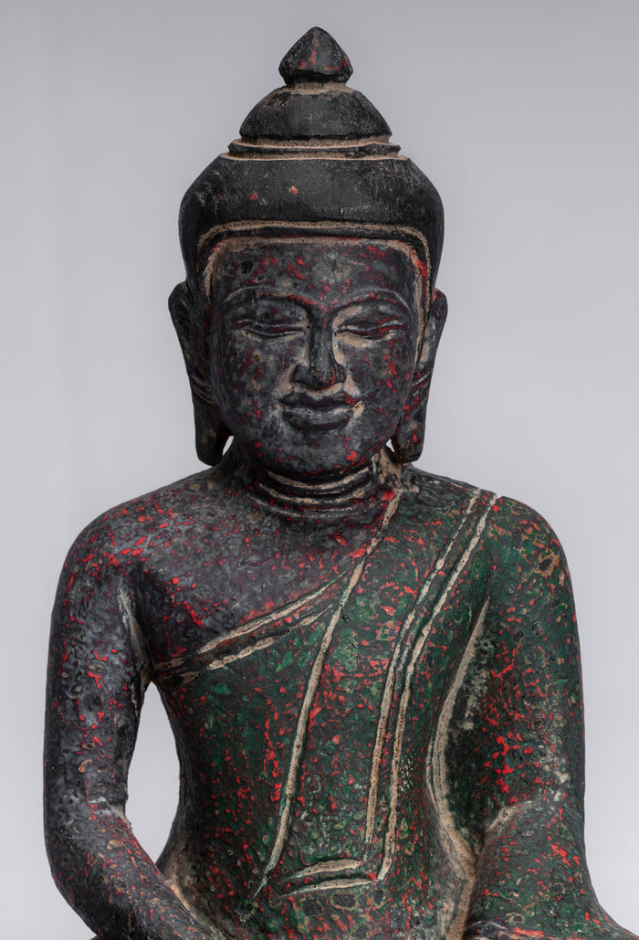 Buddha Sculpture - Antique Khmer Style Wood Seated Buddha Statue Dhyana Meditation Mudra - 20cm/8"