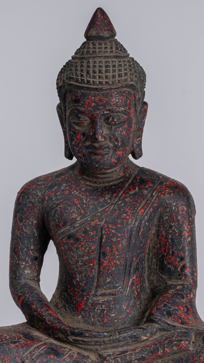 Buddha Sculpture - Antique Khmer Style Wood Seated Buddha Statue Dhyana Meditation Mudra - 20cm/8"
