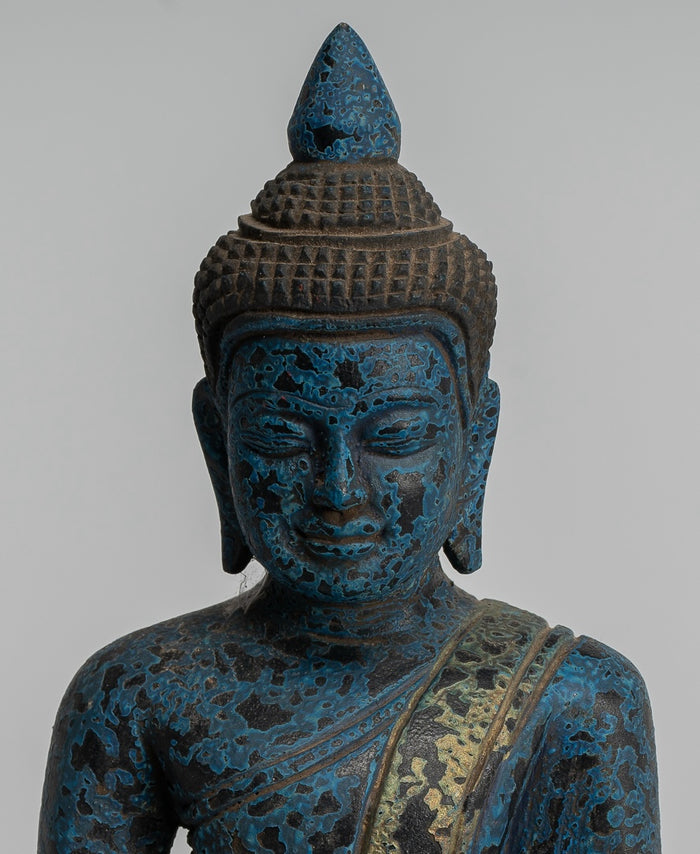 Buddha Sculpture - Antique Khmer Style Wood Seated Buddha Statue Dhyana Meditation Mudra - 22cm/9"