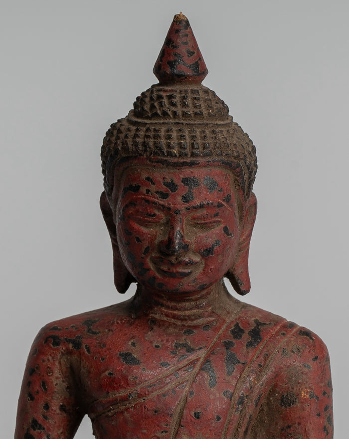 Buddha Sculpture - Antique Khmer Style Wood Seated Buddha Statue Dhyana Meditation Mudra - 17cm/7"