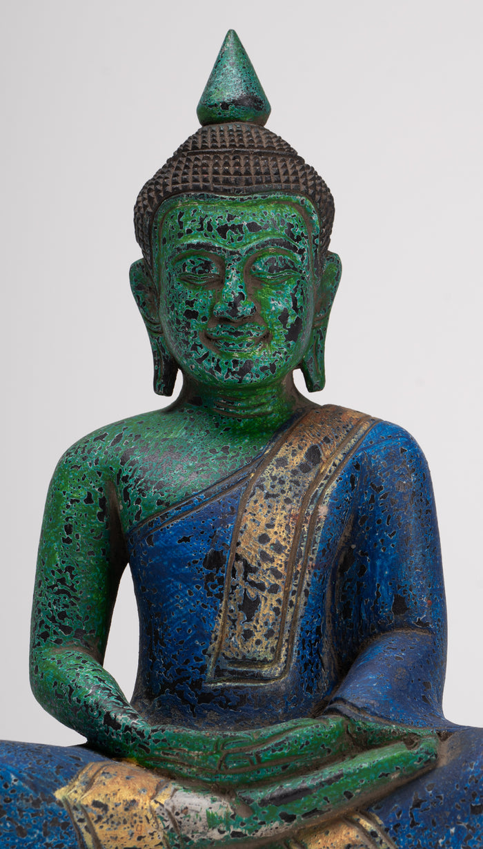 Buddha Sculpture - Antique Khmer Style Wood Seated Buddha Statue Dhyana Meditation Mudra - 28cm/11"