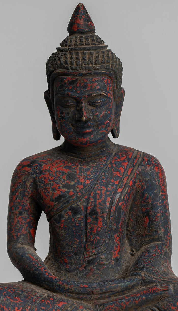 Buddha Sculpture - Antique Khmer Style Wood Seated Buddha Statue Dhyana Meditation Mudra - 21cm/8"