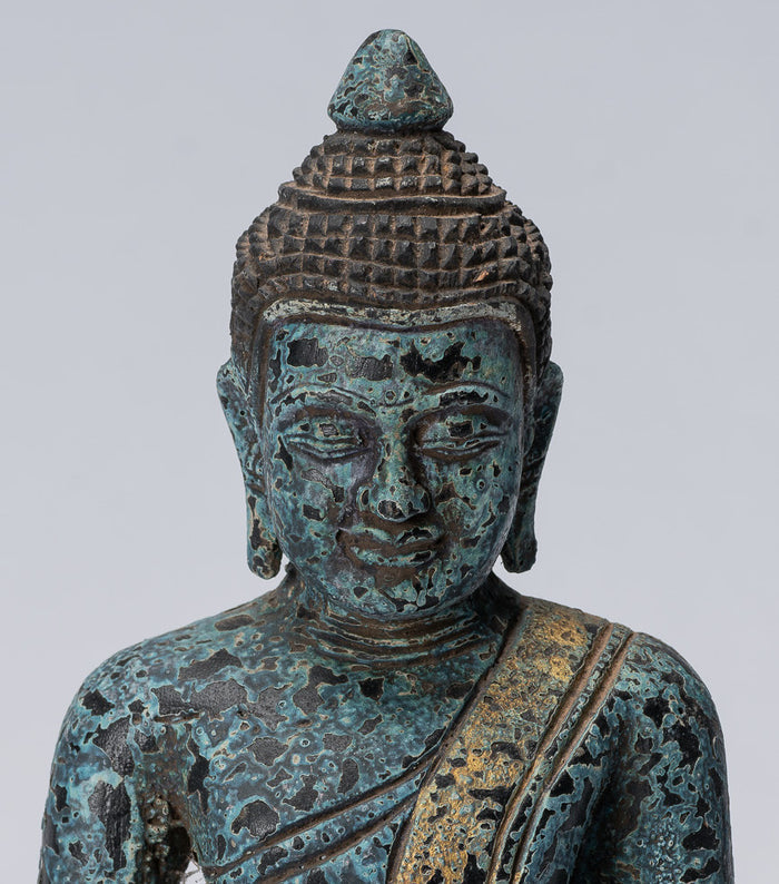Buddha Sculpture - Antique Khmer Style Wood Seated Buddha Statue Dhyana Meditation Mudra - 21cm/8"