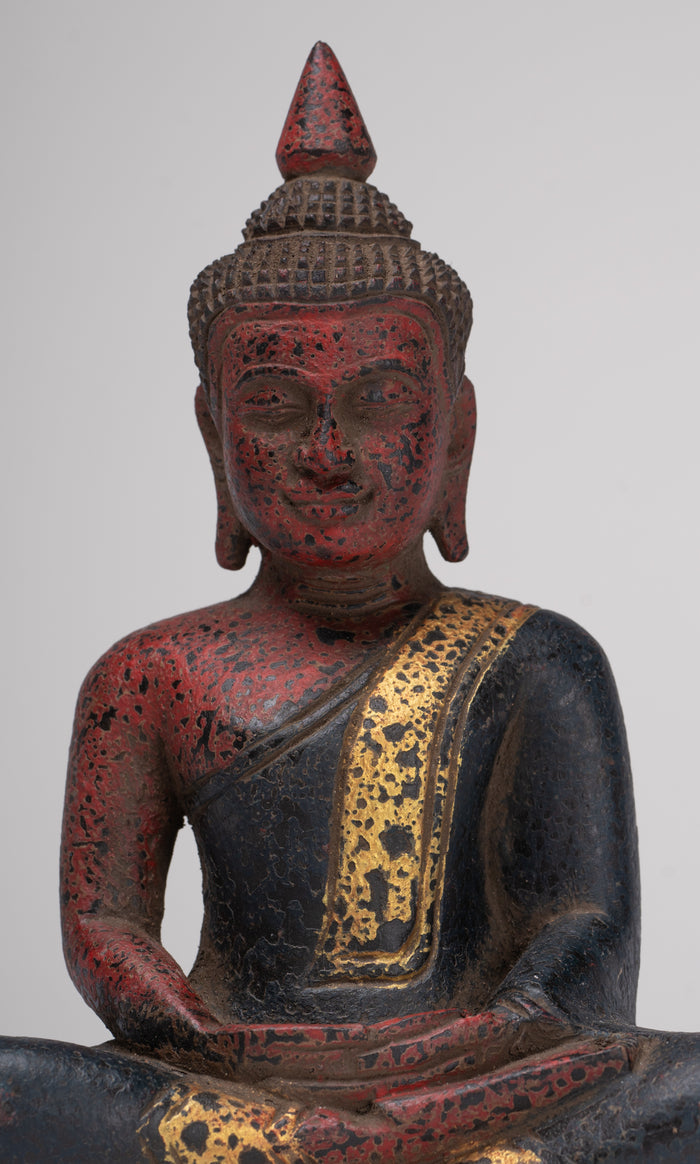 Buddha Sculpture - Antique Khmer Style Wood Seated Buddha Statue Dhyana Meditation Mudra - 21cm/8"