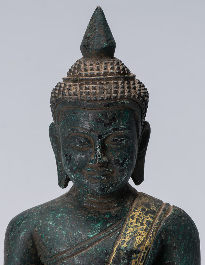 Buddha Sculpture - Antique Khmer Style Wood Seated Buddha Statue Dhyana Meditation Mudra - 21cm/8"