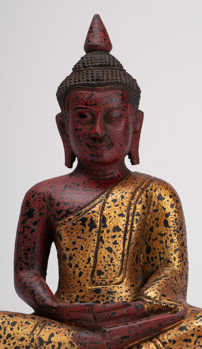 Buddha Sculpture - Antique Khmer Style Wood Seated Buddha Statue Dhyana Meditation Mudra - 27cm/11"