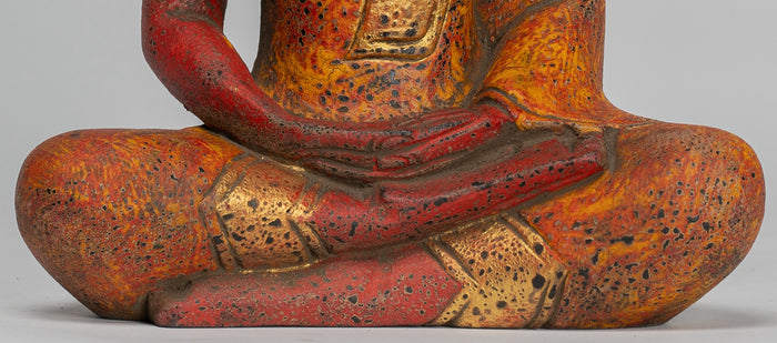 Buddha Sculpture - Antique Khmer Style Wood Seated Buddha Statue Dhyana Meditation Mudra - 27cm/11"