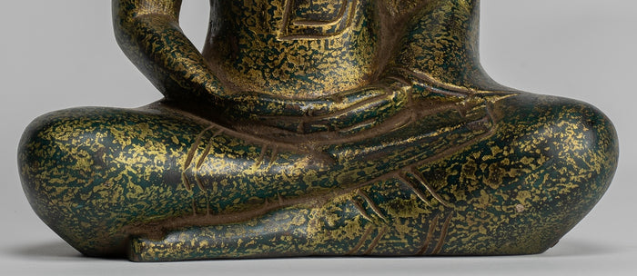 Buddha Sculpture - Antique Khmer Style Wood Seated Buddha Statue Dhyana Meditation Mudra - 28cm/11"