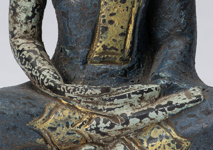 Buddha Sculpture - Antique Khmer Style Wood Seated Buddha Statue Dhyana Meditation Mudra - 21cm/8"