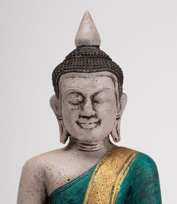 Buddha Sculpture - Antique Khmer Style Wood Seated Buddha Statue Dhyana Meditation Mudra - 28cm/11"
