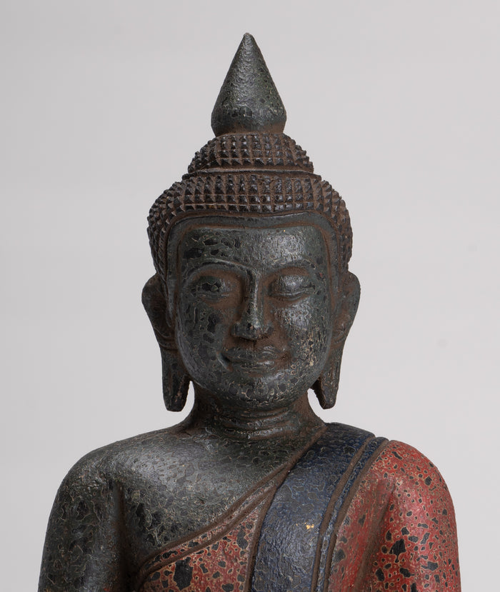 Buddha Sculpture - Antique Khmer Style Wood Seated Buddha Statue Dhyana Meditation Mudra - 27cm/11"