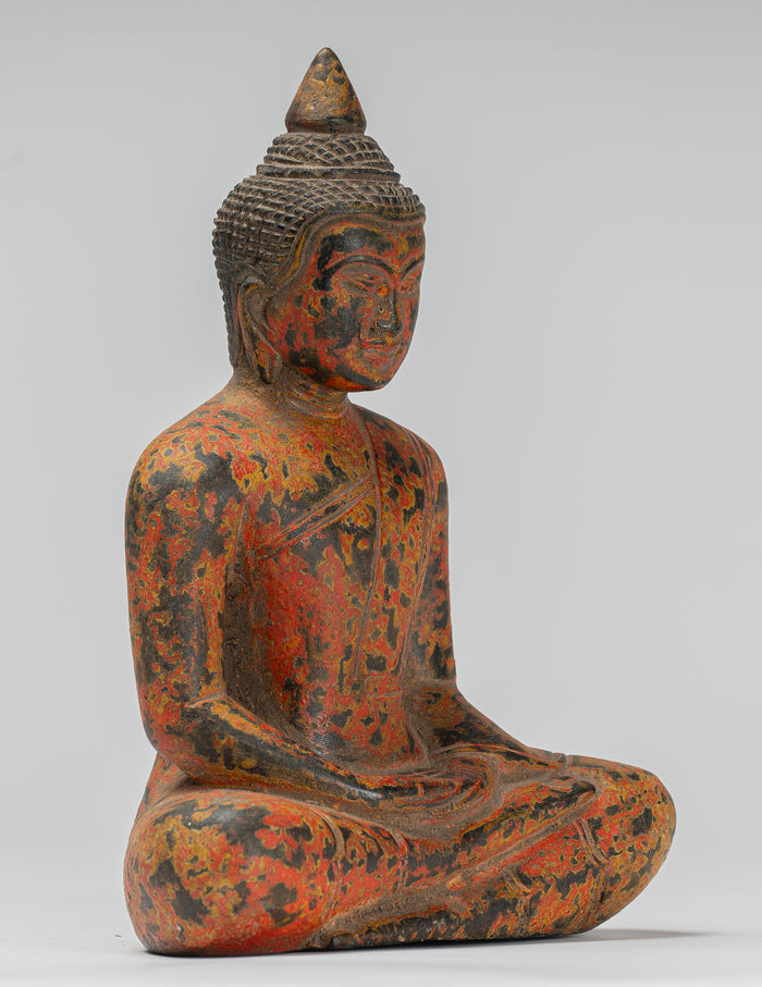 Buddha Sculpture - Antique Khmer Style Wood Seated Buddha Statue Dhyana Meditation Mudra - 21cm/8"