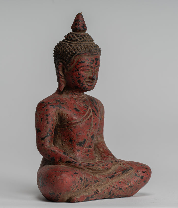 Buddha Sculpture - Antique Khmer Style Wood Seated Buddha Statue Dhyana Meditation Mudra - 17cm/7"