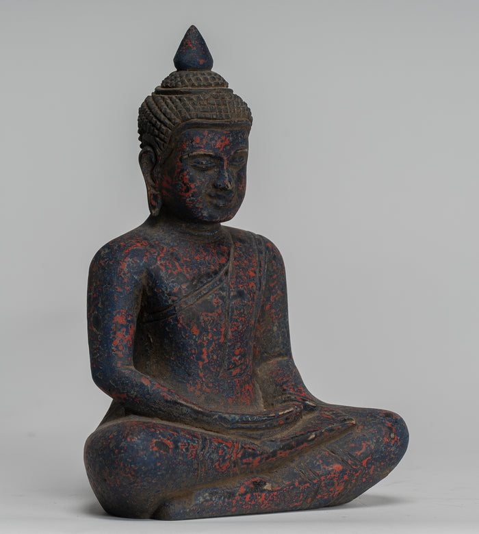 Buddha Sculpture - Antique Khmer Style Wood Seated Buddha Statue Dhyana Meditation Mudra - 20cm/8"