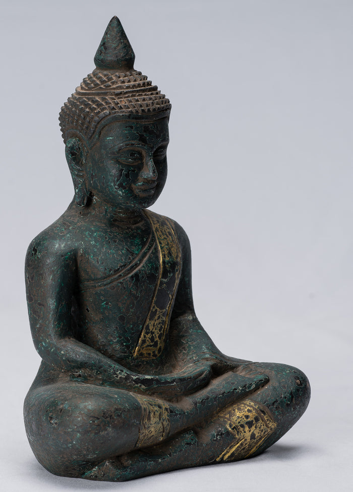 Buddha Sculpture - Antique Khmer Style Wood Seated Buddha Statue Dhyana Meditation Mudra - 21cm/8"