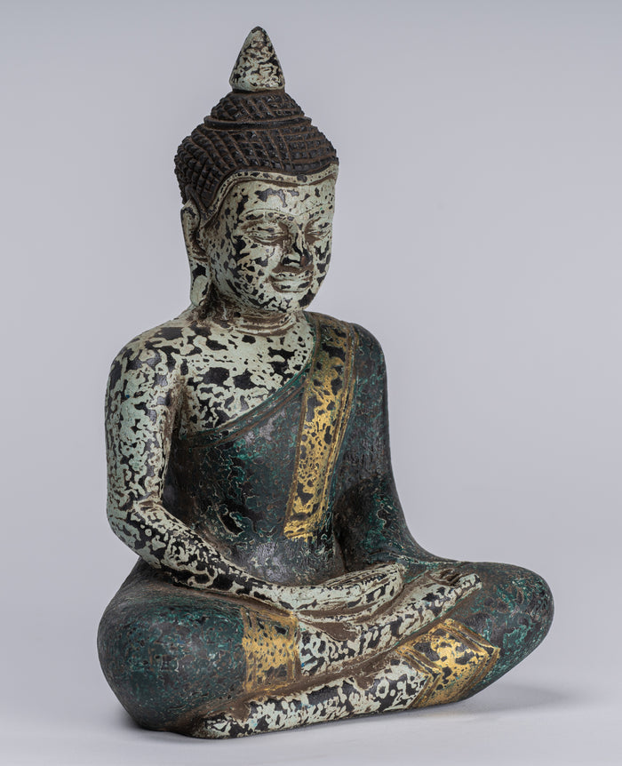 Buddha Sculpture - Antique Khmer Style Wood Seated Buddha Statue Dhyana Meditation Mudra - 21cm/8"