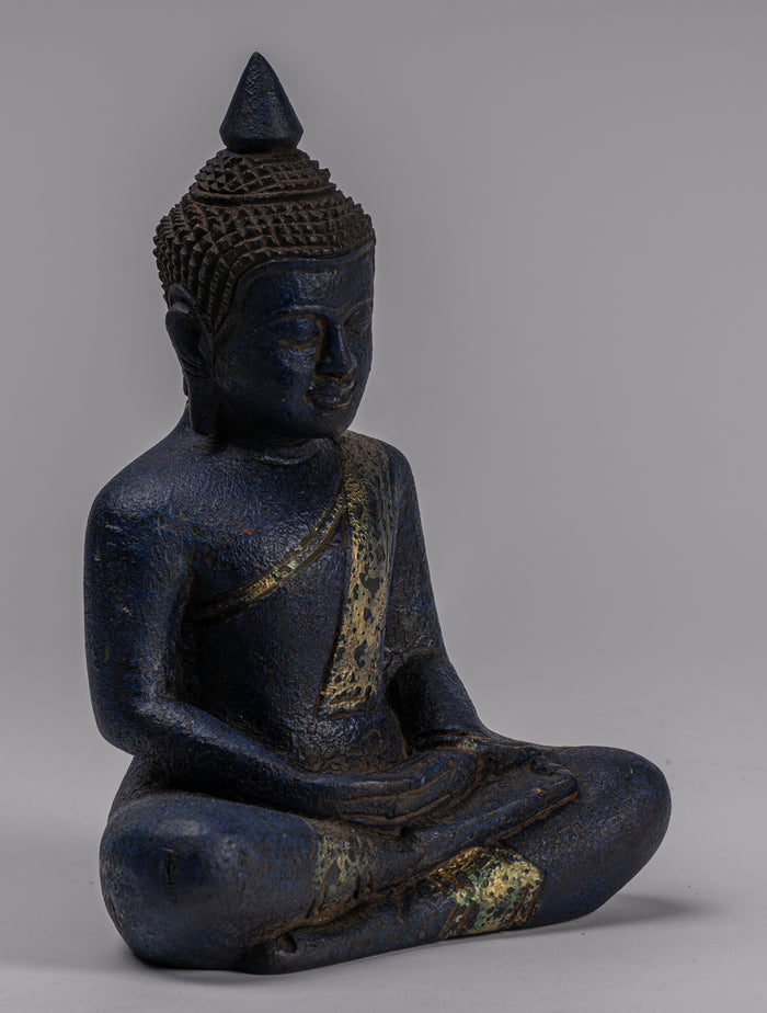 Buddha Sculpture - Antique Khmer Style Wood Seated Buddha Statue Dhyana Meditation Mudra - 21cm/8"