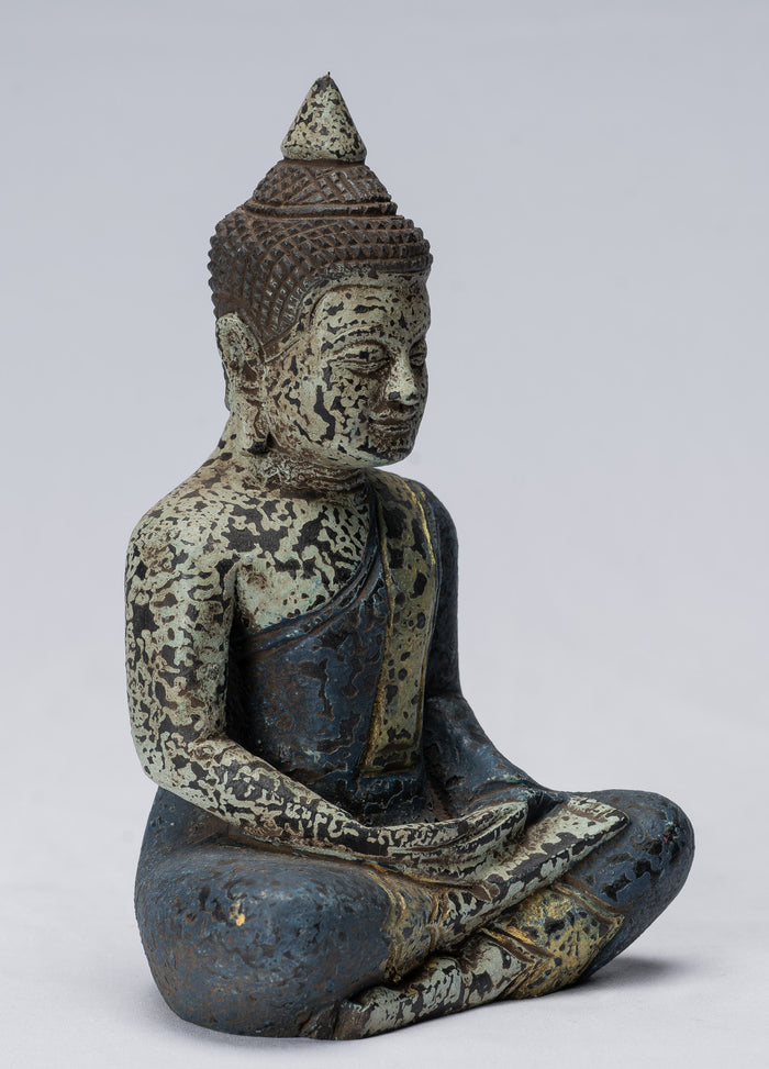 Buddha Sculpture - Antique Khmer Style Wood Seated Buddha Statue Dhyana Meditation Mudra - 21cm/8"